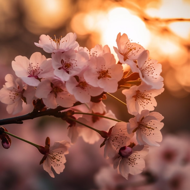 Un primo piano di un ramo di fiori di ciliegio con il sole che tramonta dietro di esso