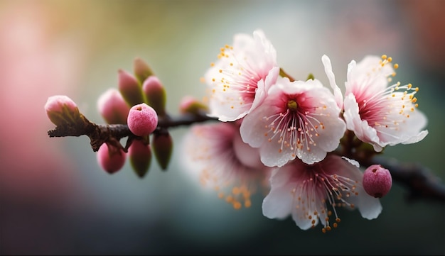 Un primo piano di un ramo di fiori di pesco con la parola primavera su di esso