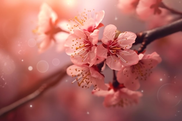 Un primo piano di un ramo di fiori rosa con la parola ciliegia su di esso