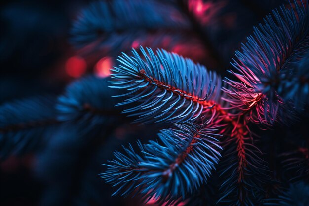 Un primo piano di un ramo di un albero di Natale con luci rosse e blu