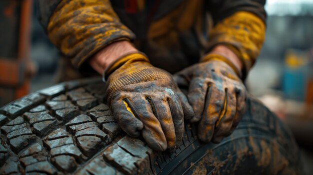 Un primo piano di un reparatore di pneumatici con le mani di un'AI