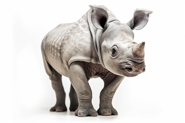 Un primo piano di un rinoceronte su sfondo bianco Immagine AI generativa