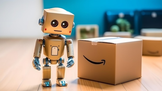 un primo piano di un robot in piedi accanto a una scatola su un pavimento di legno AI generativa