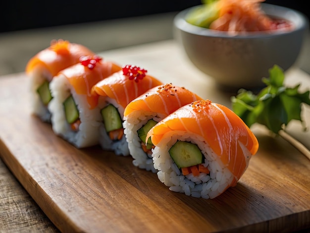 Un primo piano di un rotolo di sushi che mostra ingredienti colorati