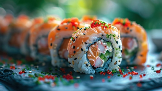 Un primo piano di un rotolo di sushi con salmone e altri ingredienti ai