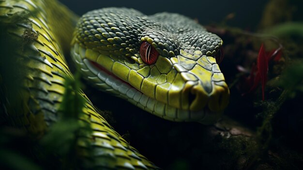 un primo piano di un serpente con una pelle di serpente verde e gialla