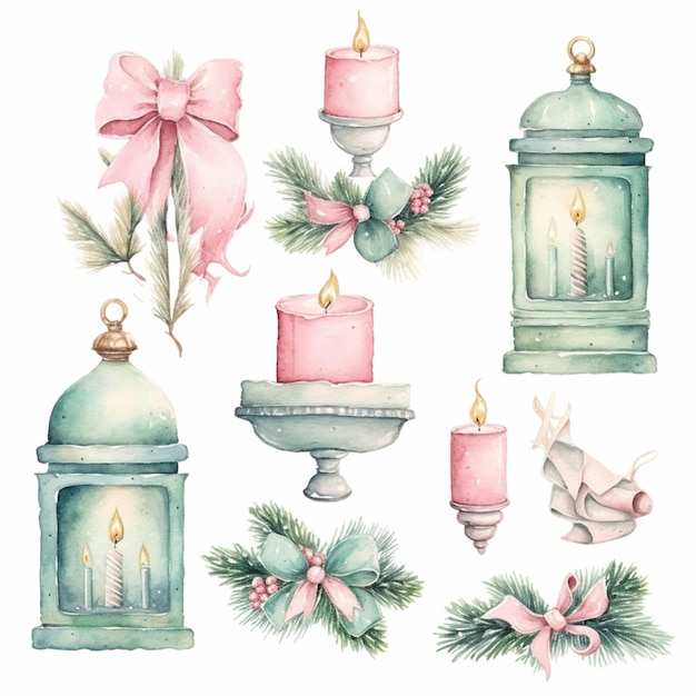 un primo piano di un set natalizio ad acquerello con candele e decorazioni generative ai