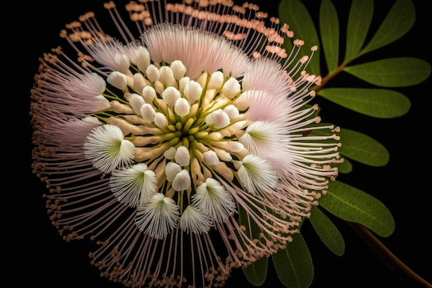 Un primo piano di un singolo fiore di mimosa con i suoi delicati petali rosa e centri bianchi creati con gen