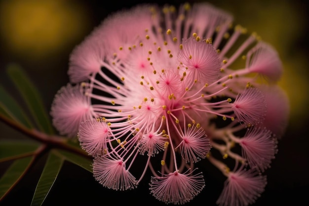 Un primo piano di un singolo fiore di mimosa rosa con i suoi delicati petali e la dolce fragranza creata con g