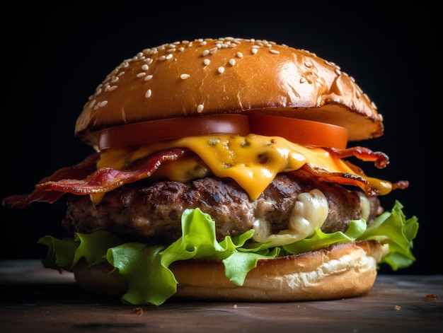 Un primo piano di un succoso hamburger con formaggio fuso e condimenti freschi