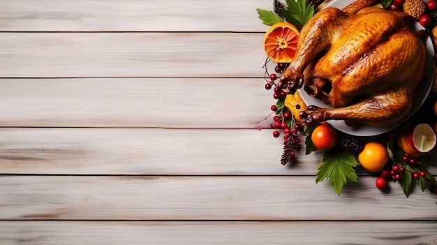 un primo piano di un tacchino su un piatto con frutta e arance AI generativa