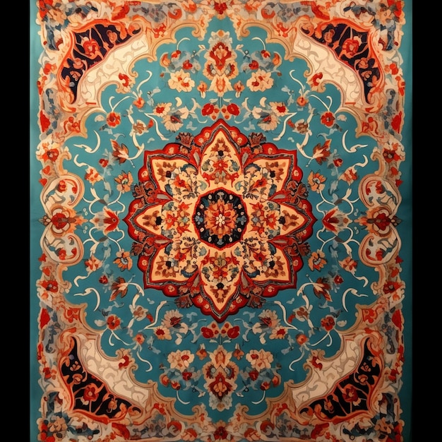 un primo piano di un tappeto orientale blu e rosso con elefanti generativi ai