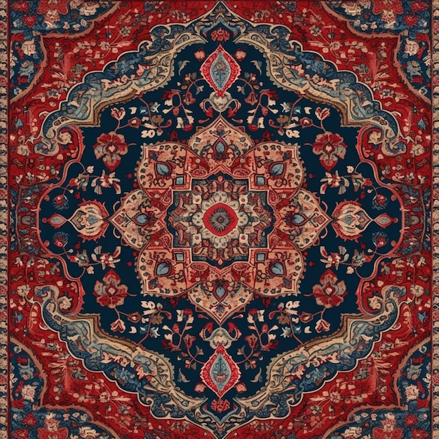 Un primo piano di un tappeto rosso e blu con un disegno generativo ai medaglione