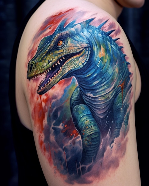 un primo piano di un tatuaggio di un dinosauro sulla spalla di un uomo