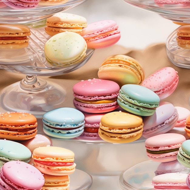 un primo piano di un tavolo con molti macaron di colori diversi ai generativi