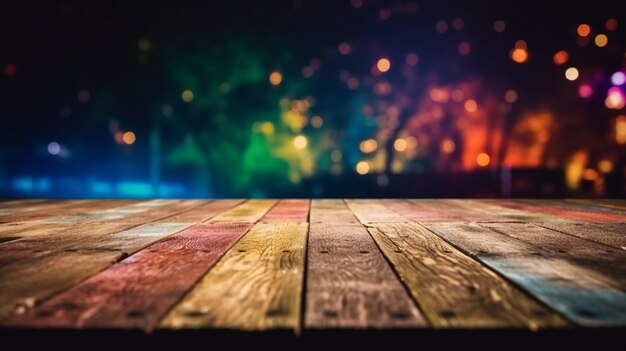 Un primo piano di un tavolo di legno con uno sfondo sfocato colorato