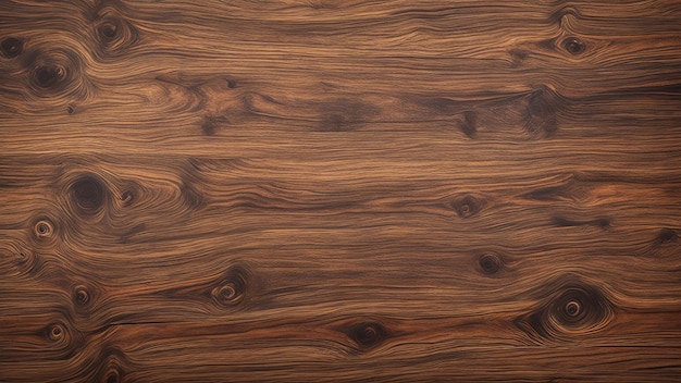 Un primo piano di un tavolo in legno di noce con una finitura marrone scuro.