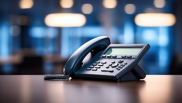 Un primo piano di un telefono su una scrivania in un ufficio moderno