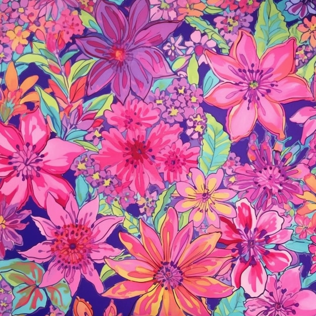 un primo piano di un tessuto a stampa floreale colorato con un sacco di fiori generativo ai