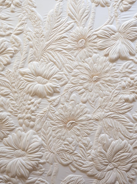 un primo piano di un tessuto bianco ricamato con fiori e foglie ai generativi