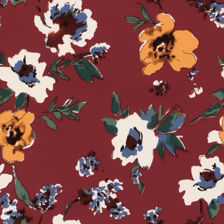 un primo piano di un tessuto floreale rosso con fiori bianchi e blu generativo ai