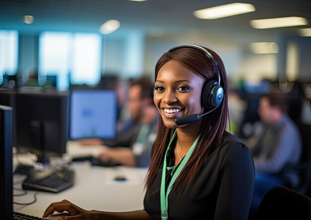 Un primo piano di un tirocinante che indossa un auricolare e parla al telefono con un call center occupato a