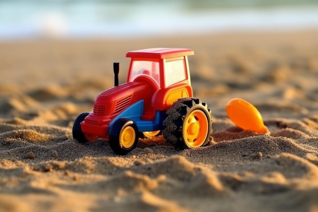 un primo piano di un trattore giocattolo su una spiaggia con una pala giocattolo ai generativa