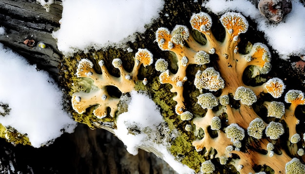 Un primo piano di un tronco d'albero coperto di neve