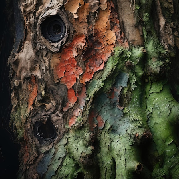 un primo piano di un tronco d'albero coperto nello stile delle nature nostalgiche