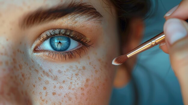 Un primo piano di un truccatore professionista che applica il trucco a una modella per un servizio fotografico