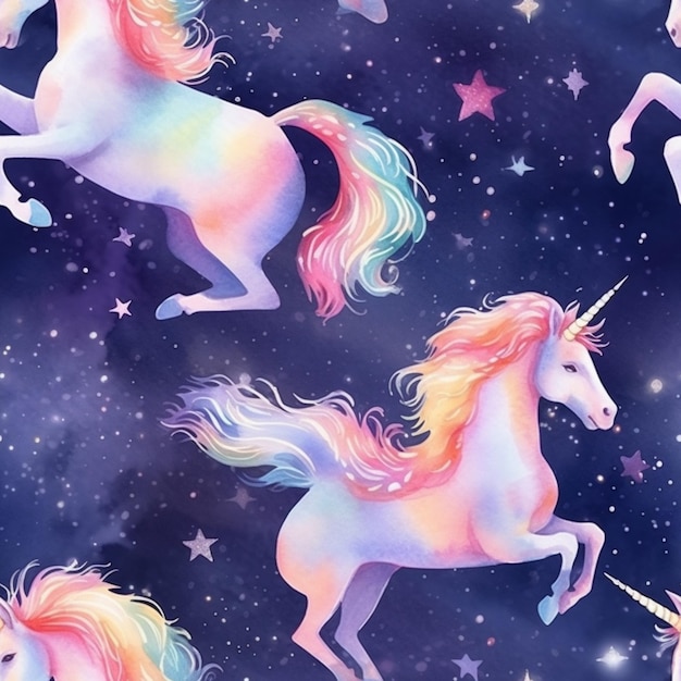 Un primo piano di un unicorno con una criniera arcobaleno e un ai generativo di stelle
