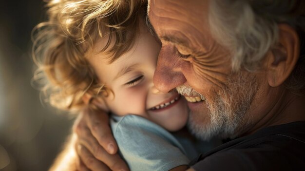 Un primo piano di un uomo e un bambino che si abbracciano