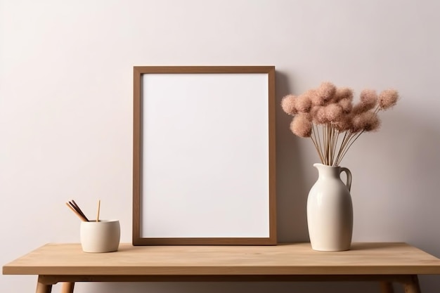 un primo piano di un vaso con fiori e una cornice su un tavolo ai generativa