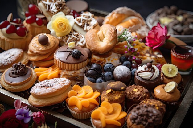 Un primo piano di un vassoio splendidamente organizzato di pasticcini e confetteria