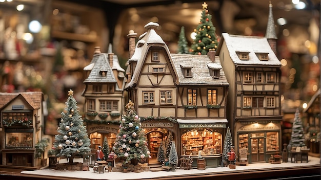 Un primo piano di un villaggio natalizio in miniatura con case, alberi e persone