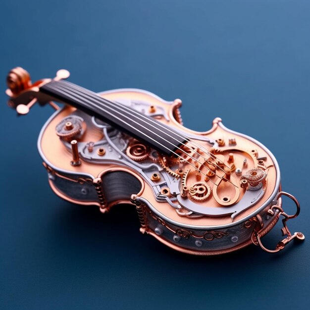 un primo piano di un violino fatto di ingranaggi e un orologio generativo ai