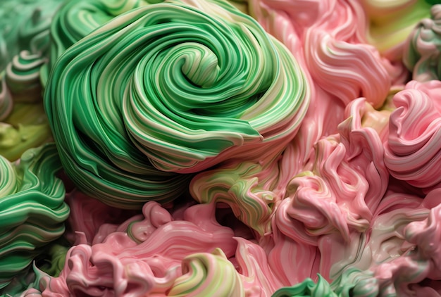 Un primo piano di un vortice di caramelle con glassa verde e rosa