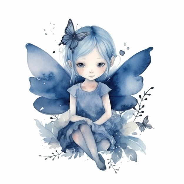 Un primo piano di una bambina con i capelli blu e una farfalla ai generativa
