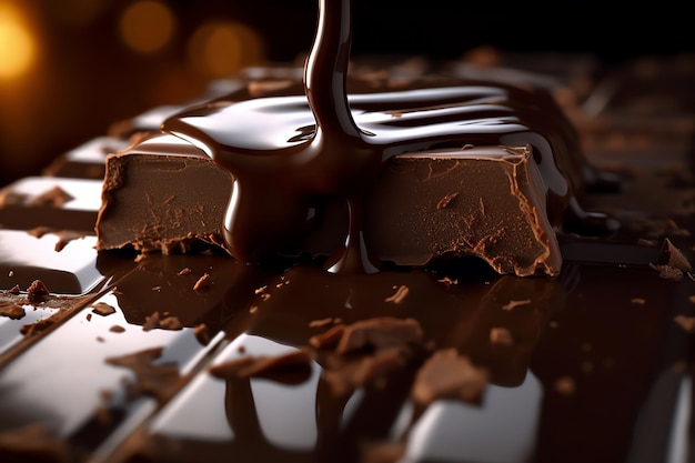 Un primo piano di una barra di cioccolato fondente che viene versata in uno sfondo scuro.