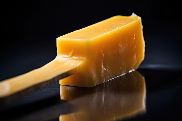 Un primo piano di una barra di formaggio cheddar su sfondo nero
