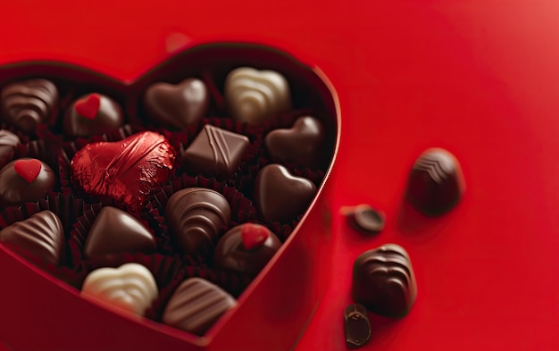 Un primo piano di una bellissima scatola di cioccolatini a forma di cuore sullo sfondo rosso ai generato
