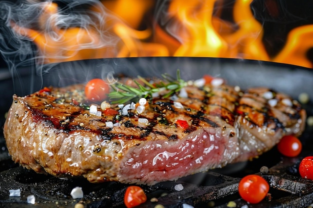 Un primo piano di una bistecca perfettamente grigliata pronta per essere tagliata