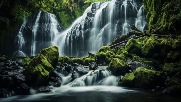 un primo piano di una cascata con muschio che cresce sulle rocce. generativo ai.