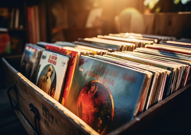 Un primo piano di una cassa di legno invecchiata piena di dischi di vinile vintage che cattura il