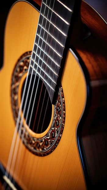 Un primo piano di una chitarra con una tastiera in legno ai