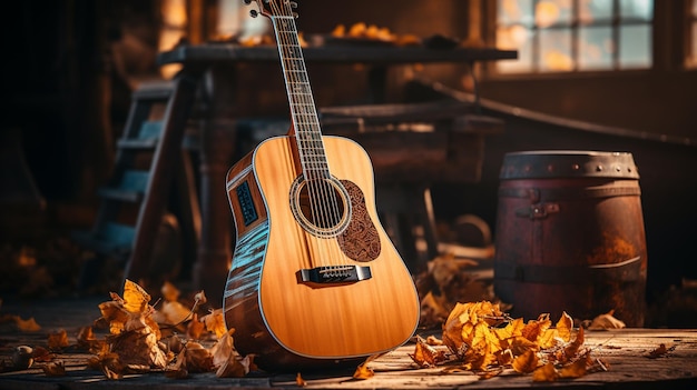 Un primo piano di una chitarra con uno sfondo sfocato ai generativo