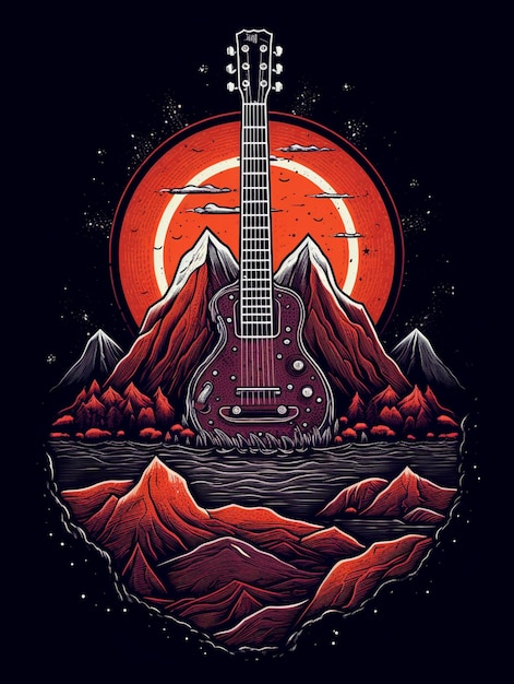Un primo piano di una chitarra di fronte a una montagna con un tramonto ai generativo