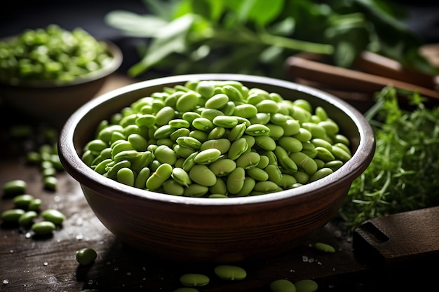 Un primo piano di una ciotola di fagioli edamame spruzzati di sale marino