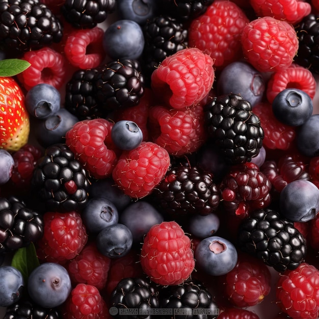 Un primo piano di una ciotola di frutta tra cui more, mirtilli e lamponi.