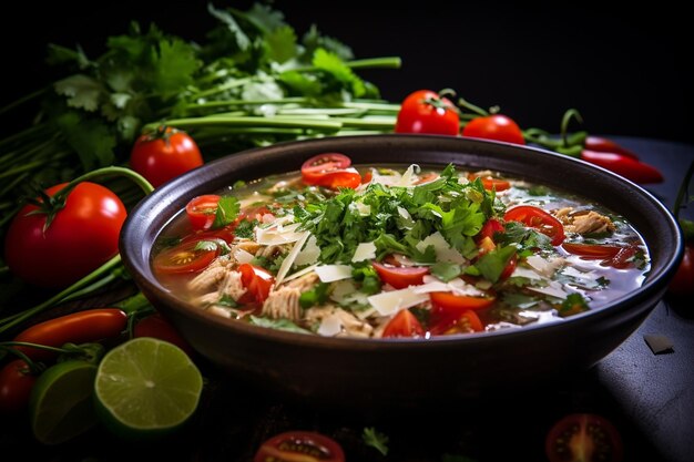 Un primo piano di una ciotola di tradizionale zuppa di caldo de pollo messicana
